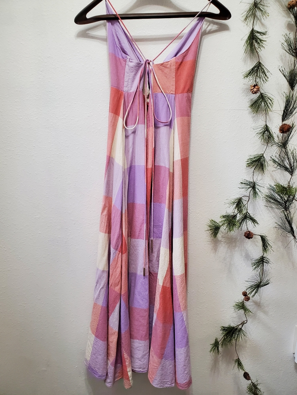 Dress Forum LA Ally Plaid Maxi Dress Lavender Coral Tie-back Front Slit Lined - Picture 3 of 16